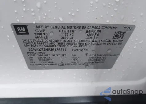 2018 Chevrolet Equinox Lt z USA, uszkodzony, nr VIN 2GNAXSEV8J6136277